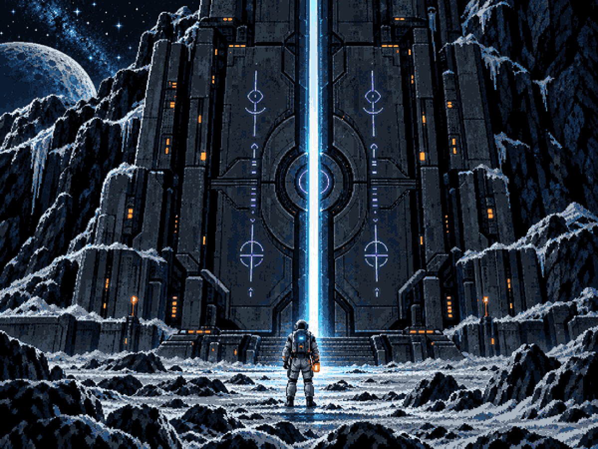 An explorer facing a luminous door in the Andromeda wilderness