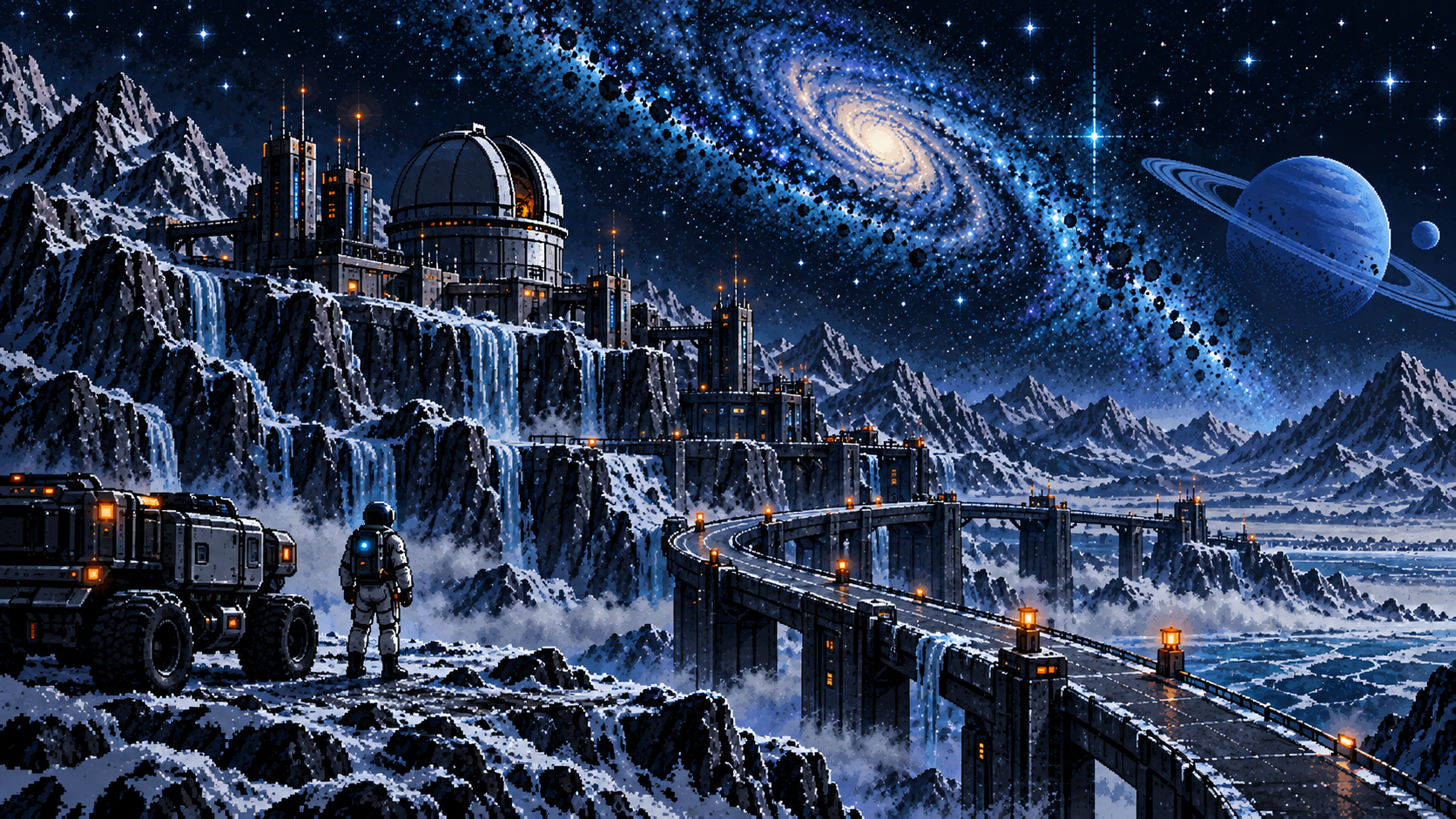 Andromeda's icy observatory and distant ringed planet