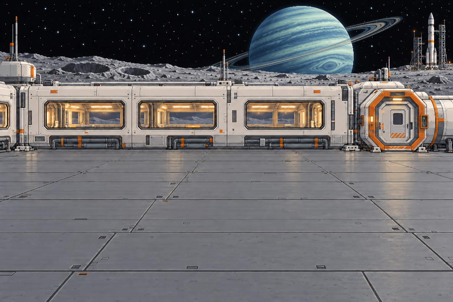 Your lunar habitat beneath an alien planet, with an open deck for furnishings